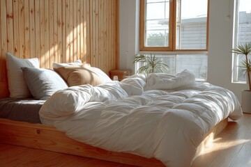 Poster - Cozy bedroom with natural light and minimalist decor featuring a large bed with soft bedding