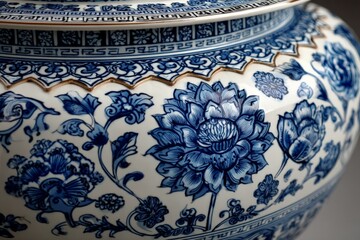 Aufkleber - Decorative porcelain vase with intricate blue floral patterns displayed in an art gallery highlighting traditional craftsmanship