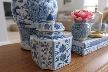 Poster - Decorative blue and white porcelain vases and container arranged on a wooden table in a modern living room setting