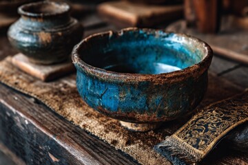 Aufkleber - Old blue ceramic bowl displayed on a wooden surface with traditional textile in an artisan workshop
