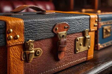Poster - Vintage leather suitcases displayed in cozy interior with warm lighting and rustic wooden accents