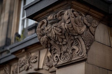 Poster - Intricate stone carving on an architectural column in a historic building captured in a charming urban setting