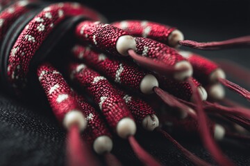 Poster - Intricate red and white woven cords arranged in an artistic display showcasing traditional craftsmanship