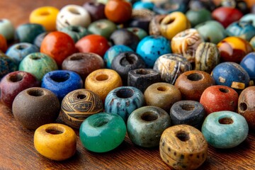Poster - Colorful collection of assorted beads displayed on a wooden surface captures artisan craftsmanship and creativity