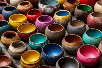 Aufkleber - Vibrant collection of handcrafted pottery bowls arranged in a colorful display at a market stall