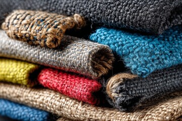 Aufkleber - Colorful textiles arranged in a stacked formation showcasing various woven patterns and textures indoors
