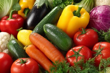 Poster - Freshly harvested vegetables in a colorful arrangement on a wooden surface reflecting natural light