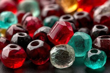 Poster - Colorful assortment of glass beads for crafting and jewelry making displayed on a dark surface