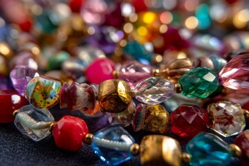 Poster - Colorful assortment of glass beads arranged on a dark surface showcasing their shine and intricate designs