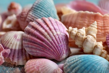 Poster - Colorful seashells scattered on a sandy surface reflecting the beauty of the ocean's treasures in natural light