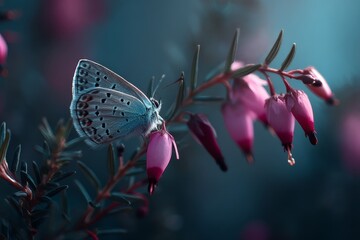 Poster - Blue butterfly resting on vibrant pink flowers in a serene garden at dusk