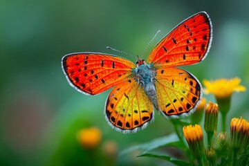 Poster - Colorful butterfly perched on vibrant yellow flowers in a lush garden during a sunny day