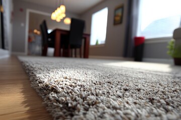 Poster - Elegant interior design featuring cozy carpet and dining area with natural lighting in a modern home
