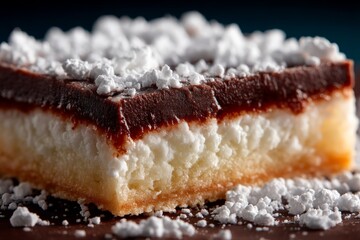 Poster - Sweet dessert square with rich chocolate layer and powdered sugar topping served on a dark surface