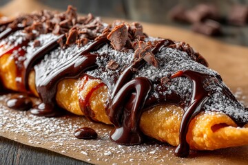 Poster - Delicious dessert featuring a crispy pastry topped with chocolate and sprinkled with powdered sugar and chocolate shavings