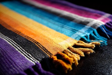 Poster - Vibrant woven fabric with bright colors and fringe details displayed on a dark surface