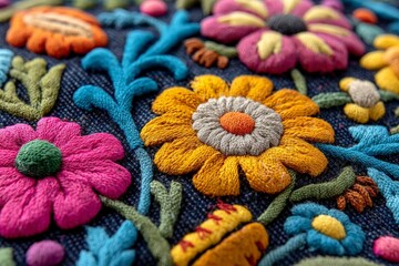 Poster - Colorful floral embroidery showcasing intricate designs on a dark fabric background in a craft setting