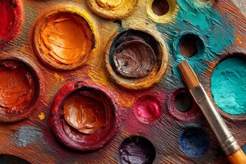 Poster - Exploring the vibrant colors of a painter's palette with a brush resting nearby during a creative session