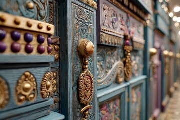 Poster - Intricate wooden craftsmanship showcases ornate detailing and vibrant colors in traditional design elements