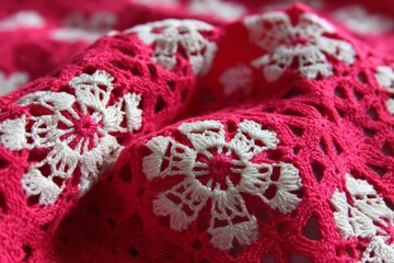Poster - Colorful handcrafted crochet fabric with floral patterns displayed in close-up capture during daytime