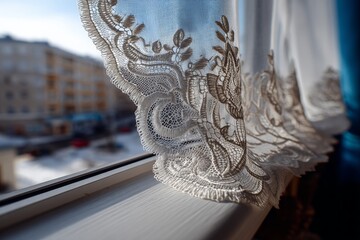 Poster - Delicate lace curtain illuminated by morning light in a cozy urban setting