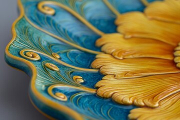 Poster - Colorful floral ceramic plate with intricate detailing displayed under soft light