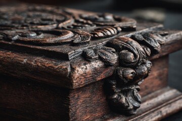 Poster - Intricately carved wooden box displayed on a dark surface highlighting its detailed craftsmanship and artistry