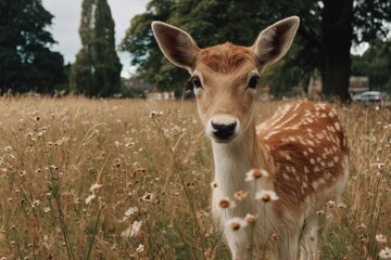 Poster - Young deer foraging among wildflowers in a lush meadow during a calm afternoon in a serene park setting