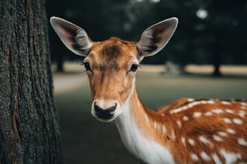 Poster - Close encounter with a curious deer in a tranquil forest setting during daylight hours