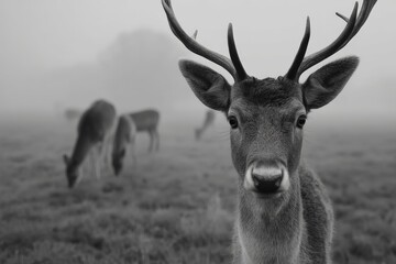 Poster - Close-up of a deer in a foggy meadow with other deer in the background during early morning hours