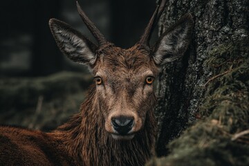 Poster - Majestic deer gazing into the camera in a misty forest during early morning hours