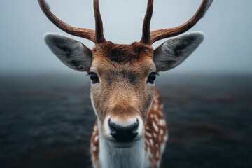 Poster - Close-up view of a majestic deer with antlers in a misty landscape during early morning hours