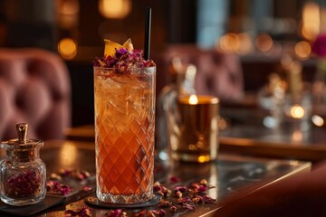 Aufkleber - Luxurious cocktail with floral garnish served in an elegant setting during evening hours