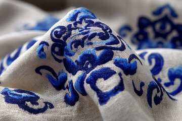 Poster - Intricate blue embroidery on a textured fabric showcasing traditional craftsmanship and artistry