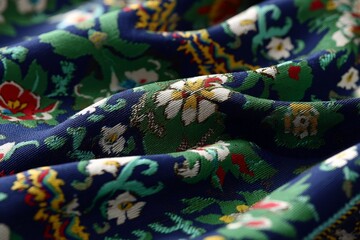 Poster - Colorful floral fabric draping softly, showcasing intricate patterns and vibrant hues in close-up detail