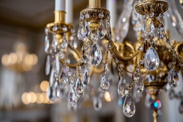 Poster - Elegant chandelier adorned with shimmering crystals illuminating a grand hall during a daytime event