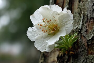 Poster - White flower blossoms on tree bark in a serene forest setting during springtime