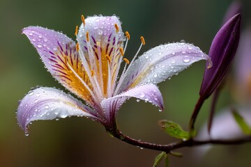 Poster - Beautiful pink lily covered in water droplets during a serene morning in a garden