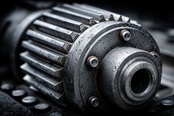 Poster - Close-up of a metallic gear component highlighting intricate textures and details in a workshop setting