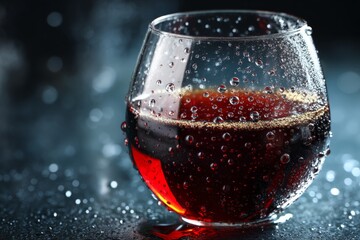 Aufkleber - Glass of refreshing dark beverage sits on a textured surface illuminated by soft light in a moody setting