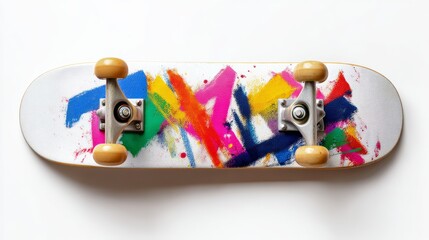 Poster - Skateboard with colorful spray paint on it. The spray paint is in the shape of a rainbow