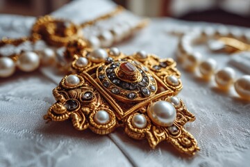 Poster - Intricate gold pendant adorned with pearls and gemstones displayed on an elegant fabric background in a softly lit room