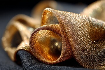Aufkleber - Elegant golden fabric drapes gracefully over a dark surface highlighting texture and shimmer