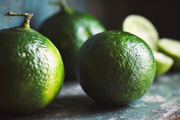 Poster - Fresh green limes arranged on a dark countertop with slices nearby highlighting their vibrant color