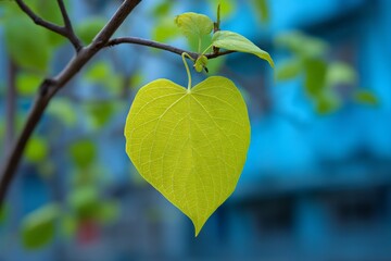 Poster - Fresh green leaf hanging from a branch against a blurred blue background in urban setting during daytime