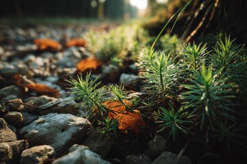 Poster - Nature thrives in the sunlight along a stone path with vibrant greenery and fallen leaves during the golden hour