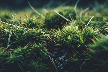 Poster - Close-up view of vibrant green moss covering the forest floor in soft natural light during early morning