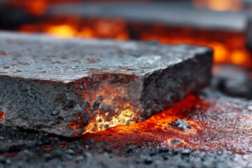 Poster - Bright molten metal flows around a solid steel block in a foundry during metalcasting process