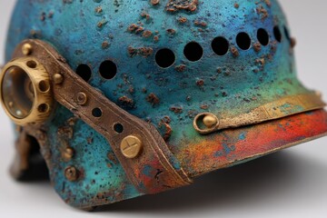 Aufkleber - Unique handcrafted helmet showcasing vibrant colors and intricate detailing in a modern artist's studio