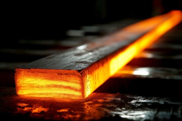 Poster - Hot steel bar glowing in furnace at metalworking facility during daytime operations